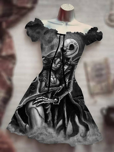 Skull Print Drawstring Dress - 3D Halloween Outfit