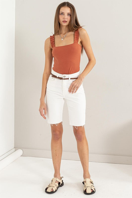 Ribbed Square Neck Ruffle Sleeveless Strap Bodysuit