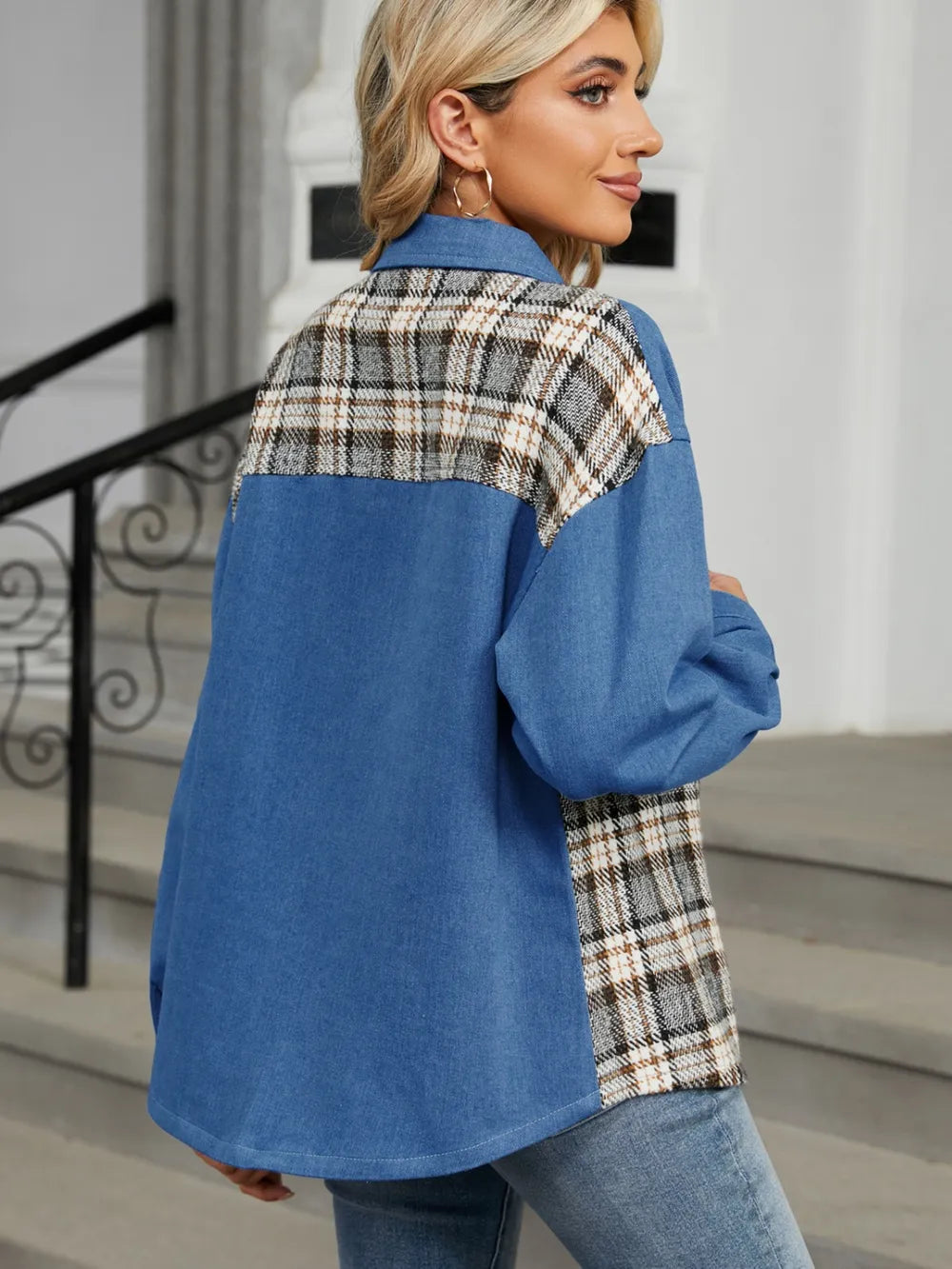Plaid Denim Jacket - Button-Up Long Sleeve Outerwear - Fashions Envy