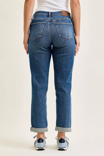 Judy Blue Mid Rise Boyfriend Embroidered Repair Patch Jeans - Fashions Envy