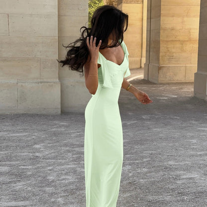 V-Neck Maxi Dress with Lace-Up Waist - Elegant Style - Fashions Envy