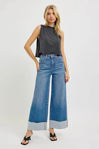 RISEN Full Size Tummy Control High Rise Crop Wide Cuffed Jeans Plus Size - Fashions Envy