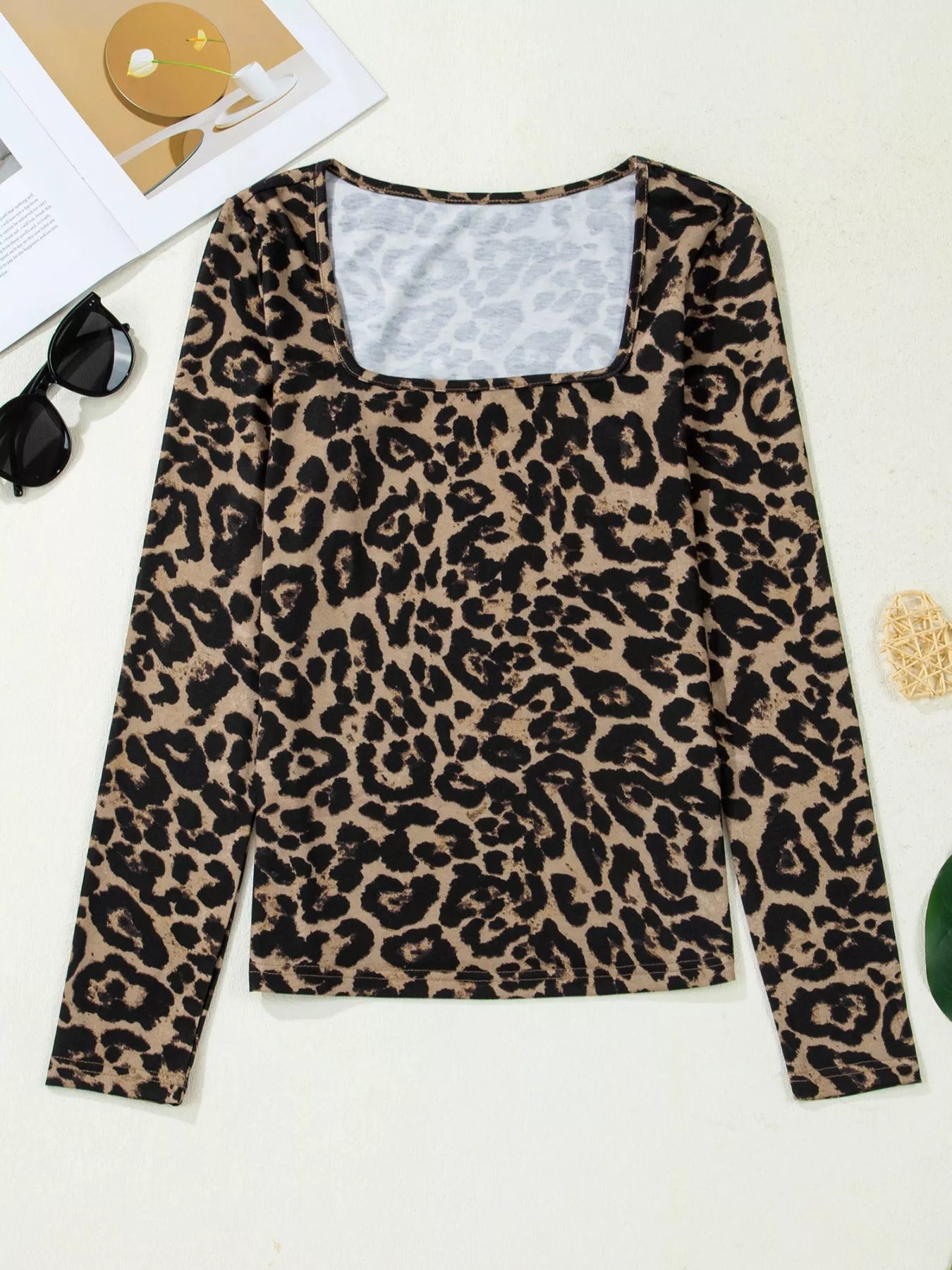 Leopard Print Top - Square Neck Long Sleeve Going Out - Fashions Envy