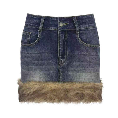 Faux Fur Trim Denim Skirt - Retro High-Waisted Mini - Fashions Envy