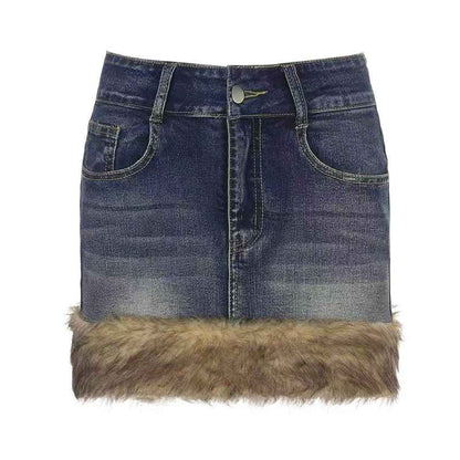 Faux Fur Trim Denim Skirt - Retro High-Waisted Mini - Fashions Envy