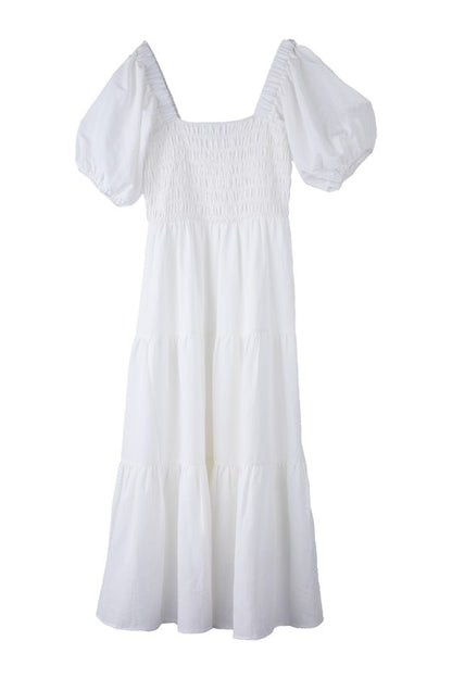 Tiered Midi Dress with Puff Sleeves
