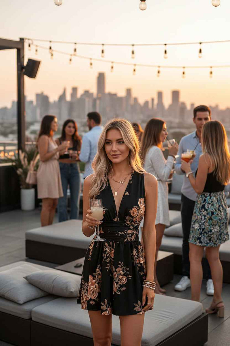 Floral Print Sleeveless Romper - Deep V-Neck Tie Back