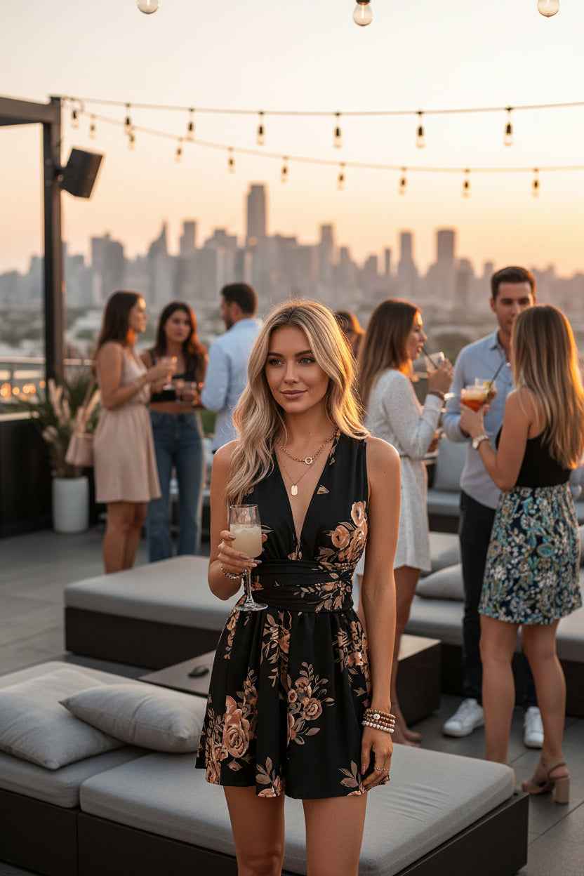 Floral Print Sleeveless Romper - Deep V-Neck Tie Back
