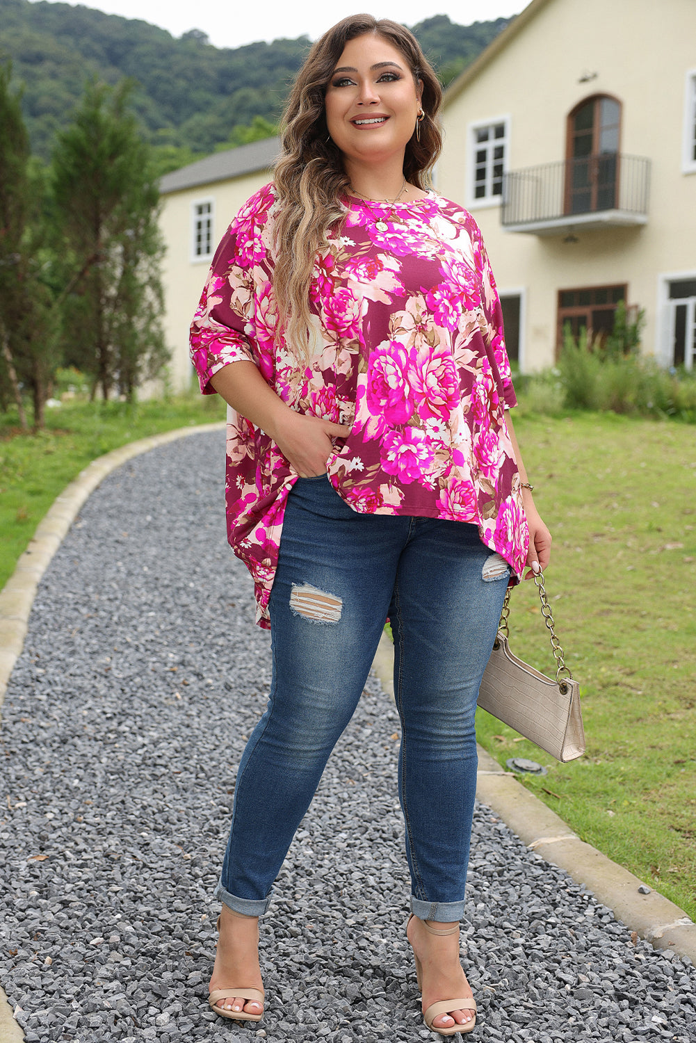 Red Floral Print Short Sleeve Plus Size Blouse