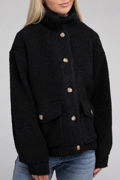 Cozy Sherpa Button-Front Long Sleeve Jacket