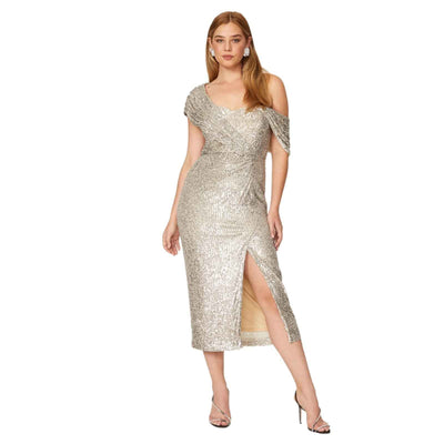 Sequin Midi Dress - White Short Sleeve Round Neck Party