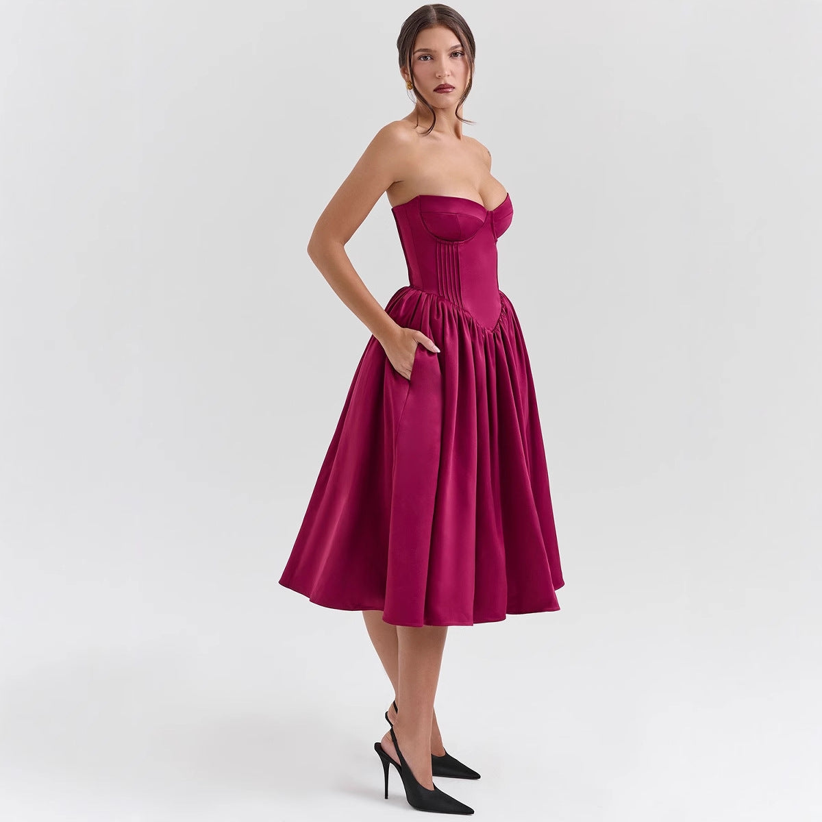 Sweetheart Midi Dress - Strapless Flared A-Line Skirt