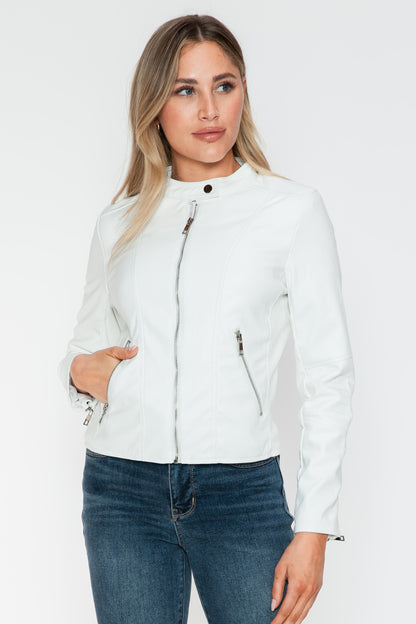 White PU Leather Zip Up Jacket with Pockets