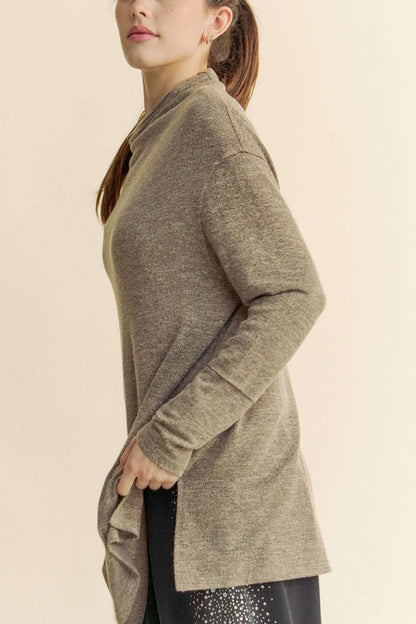 Taupe Slit Mock Neck Long Sleeve Top