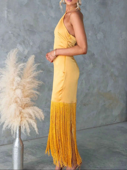 Fringe Halter Dress - Backless Bodycon Maxi Dress - Fashions Envy