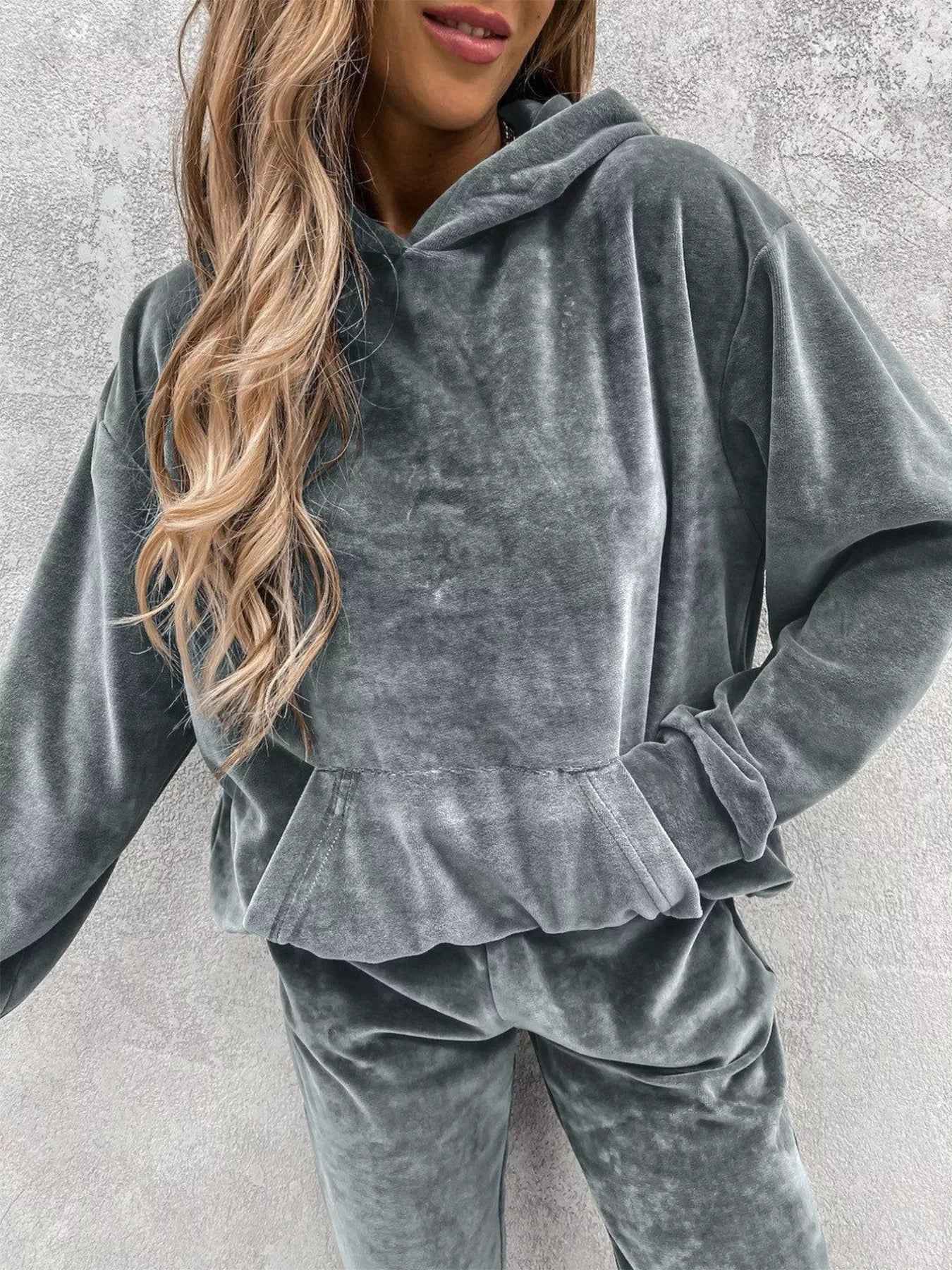Hoodie and Pants Set - Kangaroo Pocket Lounge - Fashions Envy