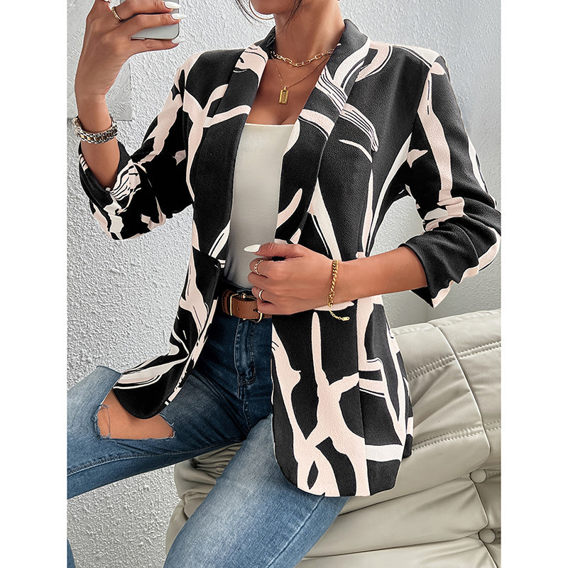 Women's Abstract Print Blazer - Button Front Office Jacket - Fashions Envy