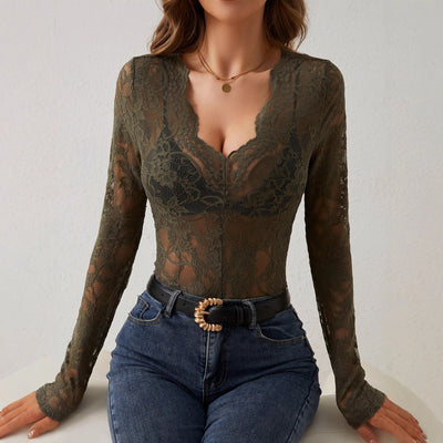 Lace Top - Sheer Floral Fan-Shaped Decoration Intimate