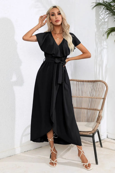 Tied Front Midi Dress - Ruffle Short Sleeve Slit Hem