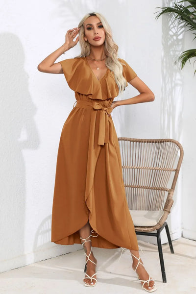 Tied Front Midi Dress - Ruffle Short Sleeve Slit Hem