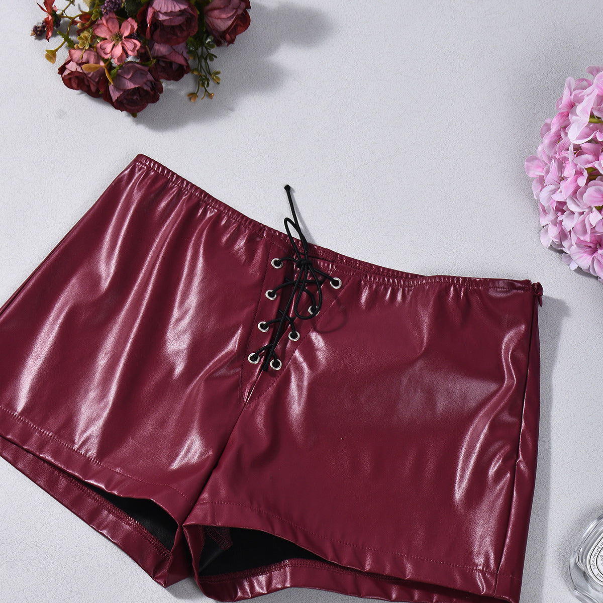 Leather Shorts - Burgundy Low Waist Strap Detail Party