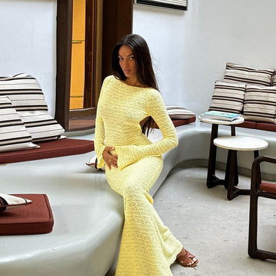 Backless Maxi Dress - Tie Detail Long Sleeve Yellow - Fashions Envy