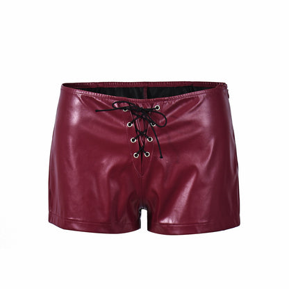 Leather Shorts - Burgundy Low Waist Strap Detail Party