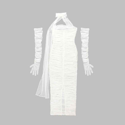 White dress with long sleeves and gloves on a gray background