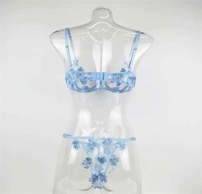 See-through Embroidered Lingerie Set - Sexy Thong and Bra