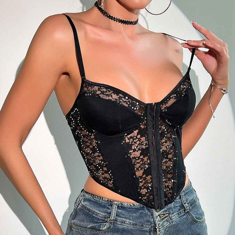 Cross-border Lace Sequin Unique Design Sense Simple Style Spicy Girl Hollow-out Transparent Small Camisole