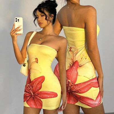 Floral Bodycon Mini Dress - Strapless Waist-cinching