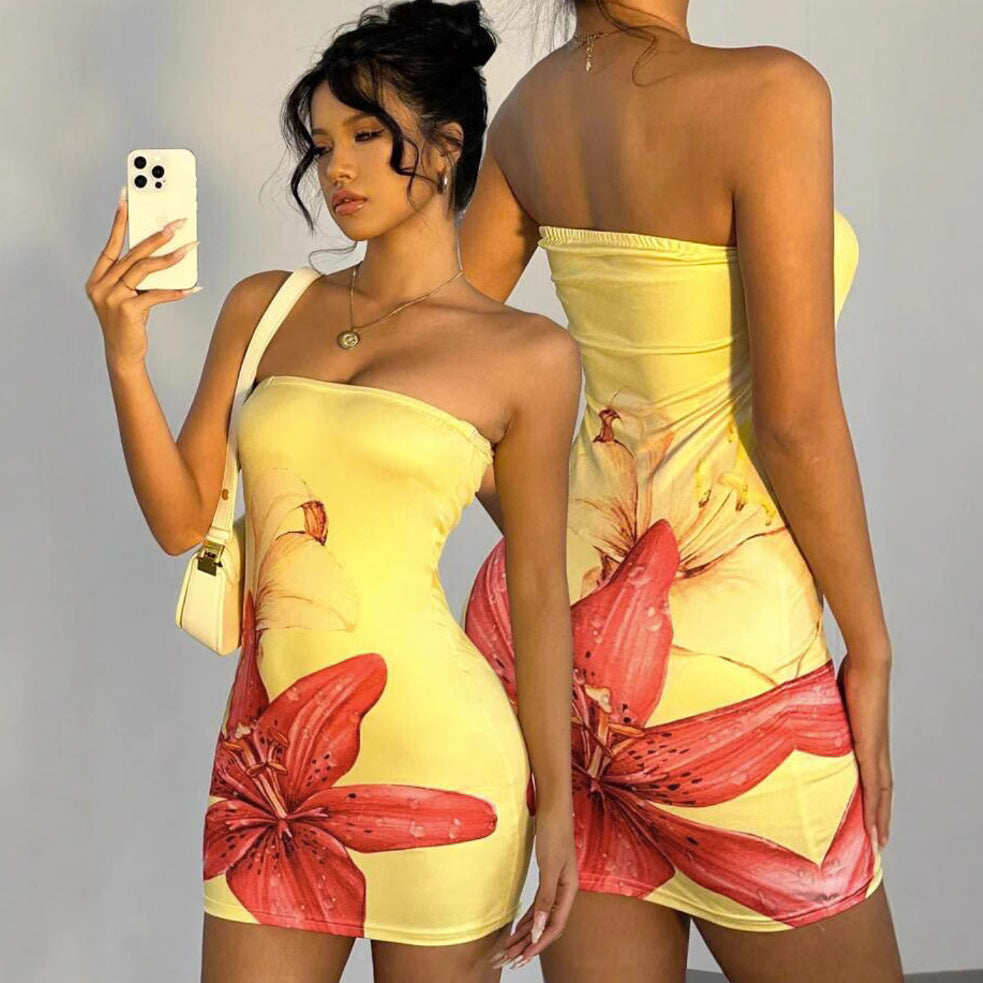 Floral Bodycon Mini Dress - Strapless Waist-cinching