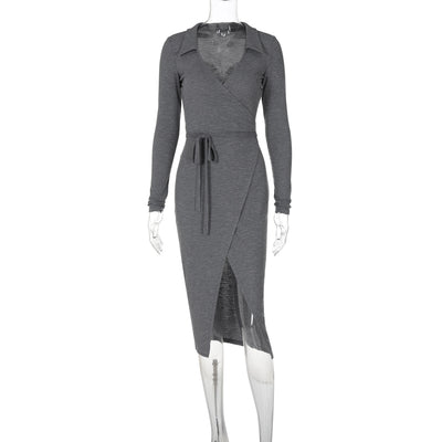 Bodycon Dress - Long Sleeve Tie Waist Split - Fashions Envy