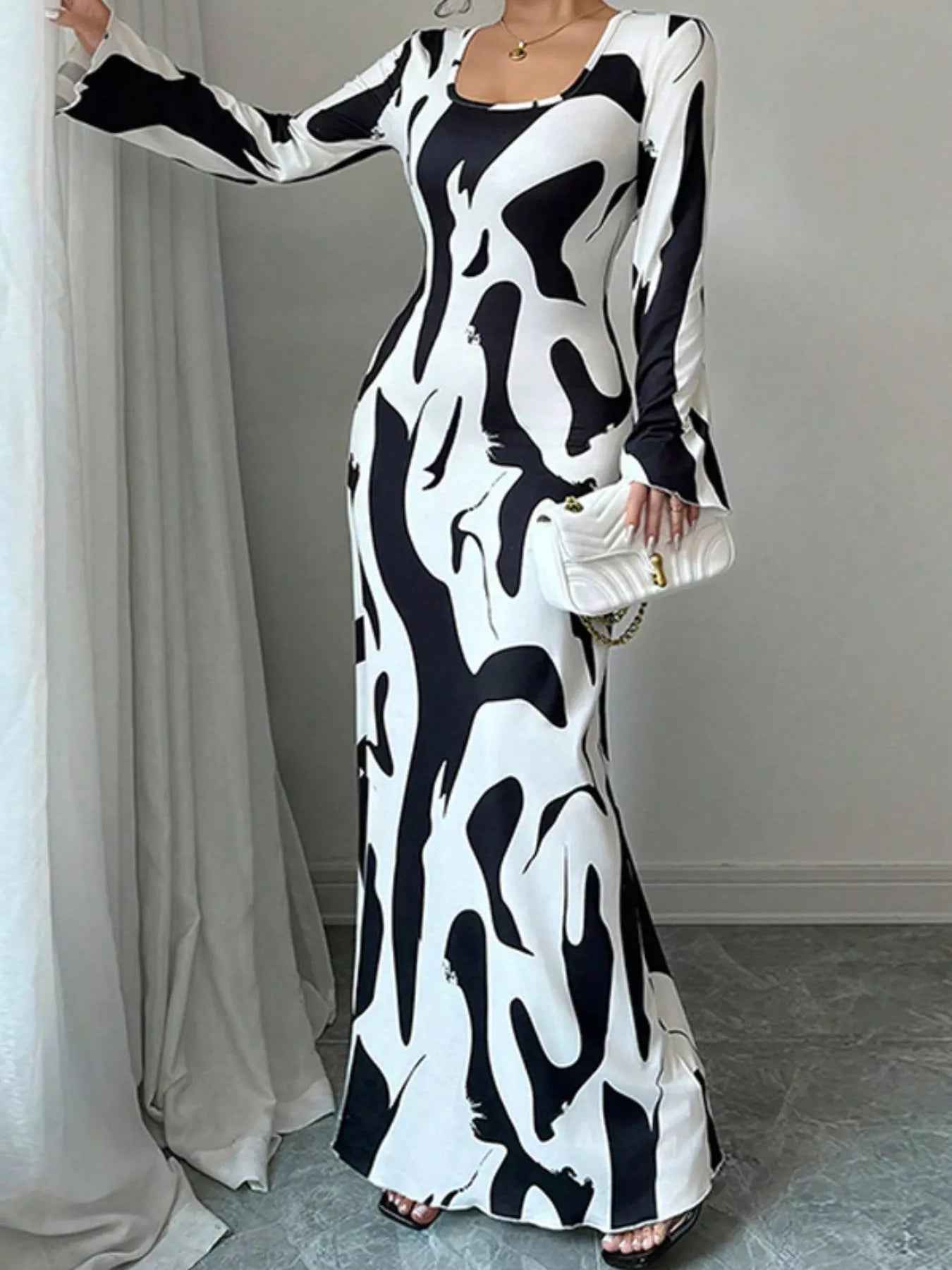 Abstract Print Maxi Dress - Long Sleeve Tie Back Style - Fashions Envy