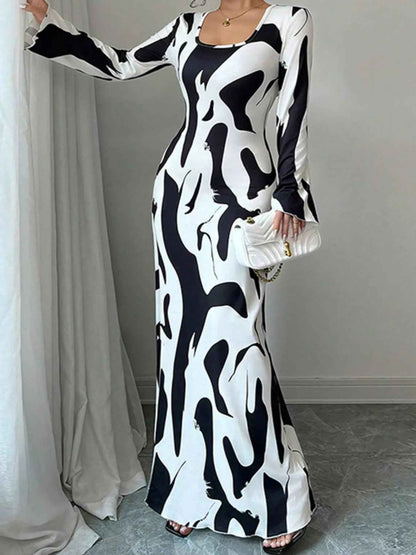 Abstract Print Maxi Dress - Long Sleeve Tie Back Style - Fashions Envy