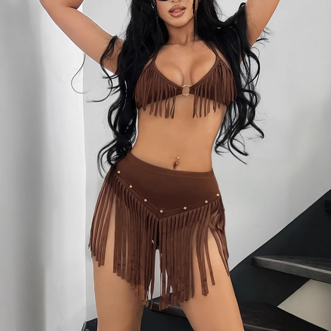 Sexy Bikini Style Tassel Hanging Neck Backless Outfit Set