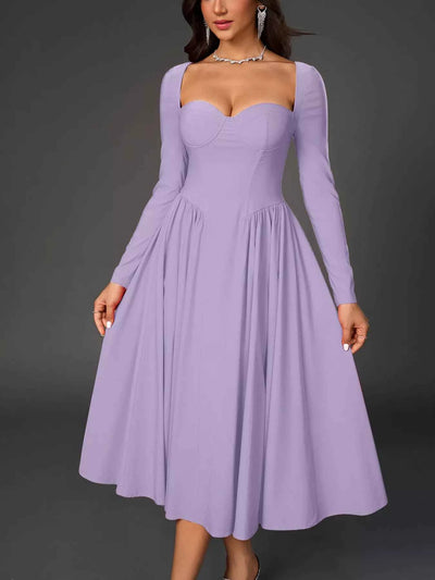 Sweetheart Neckline Long Sleeve A-Line Midi Dress