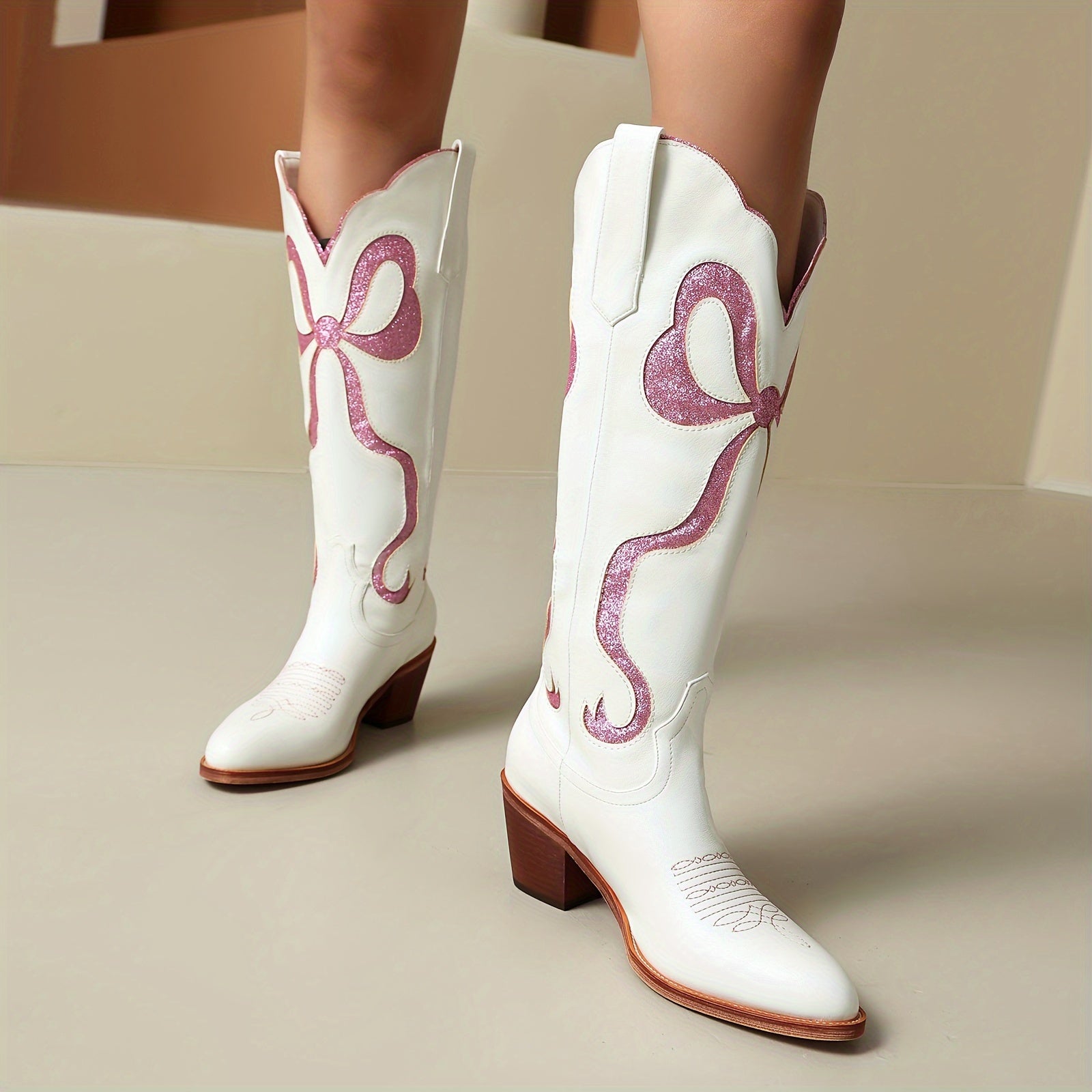 Knee High Chunky Heel White Cowgirl Boots with Pink Glitter Bow
