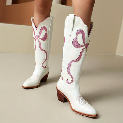 Knee High Chunky Heel White Cowgirl Boots with Pink Glitter Bow