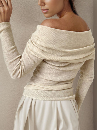 Off-Shoulder Sweater - Long Sleeve Knit Pullover