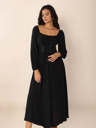 Lace-Up Square Neck Long Sleeve Midi Dress