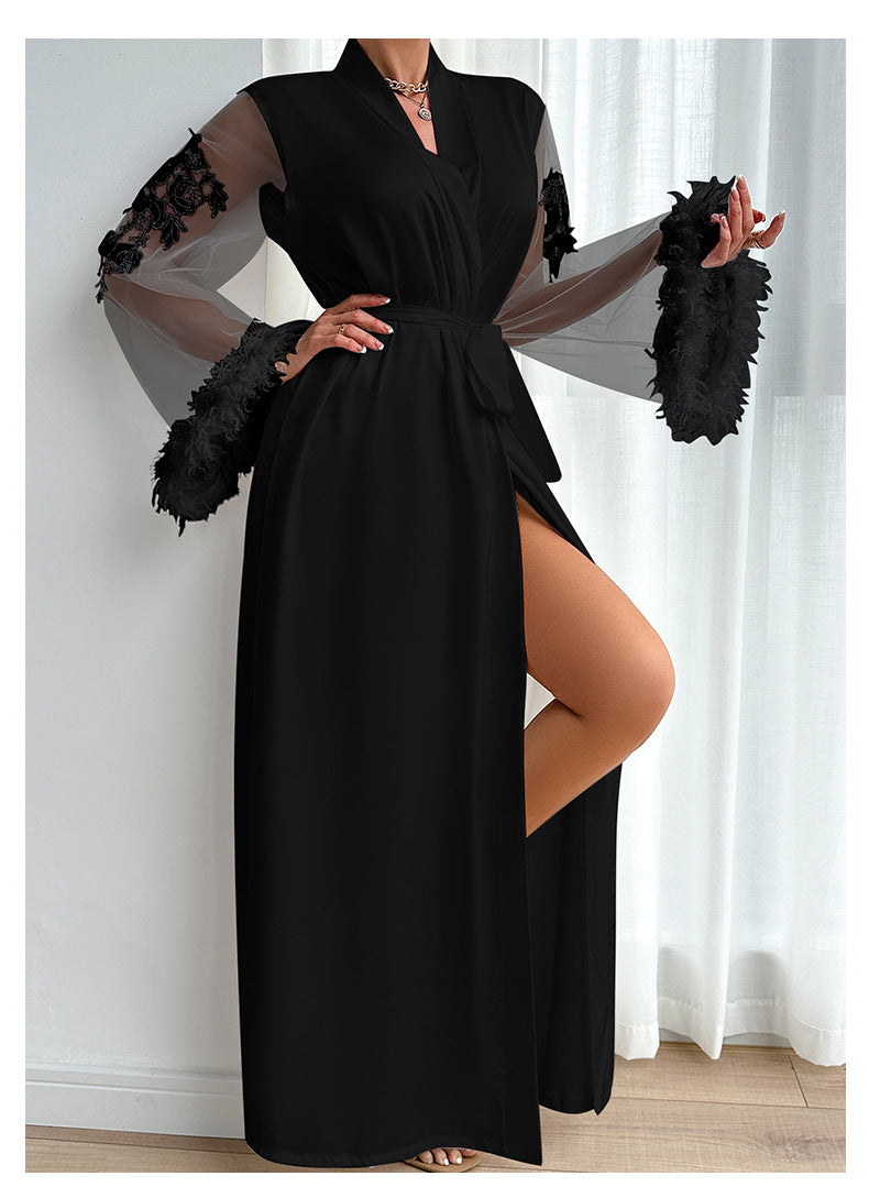 Sheer Lace Robe - Full Length Boa Sleeve Intimate Wear