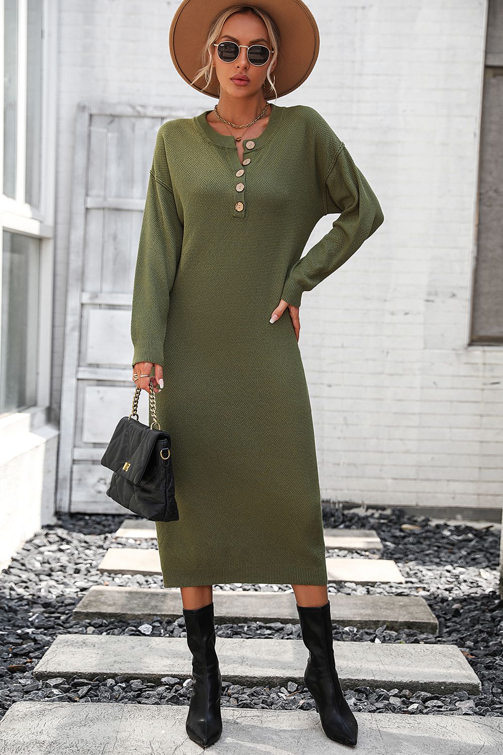 Decorative Button Notched Dropped Shoulder Sweater Dress