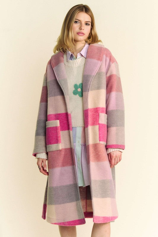 Hot Pink Multicolor Tied Color Block Collared Neck Coat