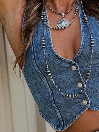 Chic Cropped Denim Vest - V-Neck Design Button Detail