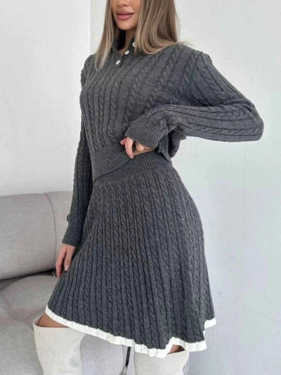 Cable Knit Long Sleeve Top and Skirt Sweater Set