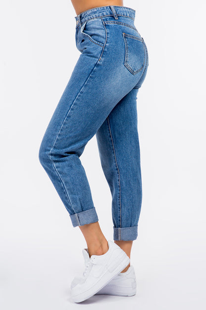 High Waist Pleated Waist Mom Denim Blue Jeans