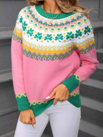 Clover Pattern Sweater - Long Sleeve Knitted Round Neck - Fashions Envy