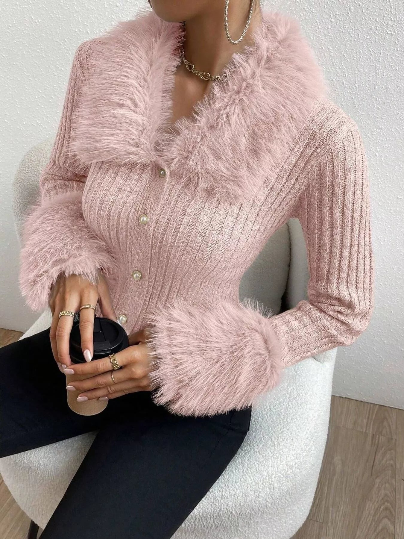 Faux Fur Trim Ribbed Knit Cropped Cardigan - Fashions Envy