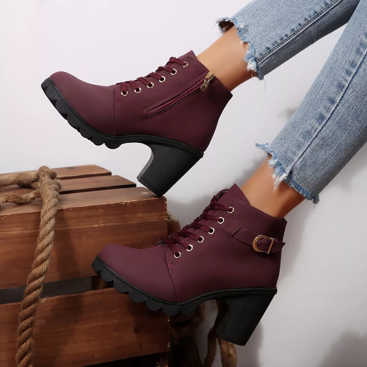 Lace Up Boots - Block High Heels - Fashions Envy
